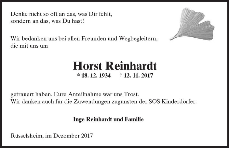  Traueranzeige für Horst Reinhardt vom 16.12.2017 aus Trauerportal Rhein Main Presse