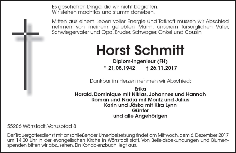  Traueranzeige für Horst Schmitt vom 02.12.2017 aus Trauerportal Rhein Main Presse