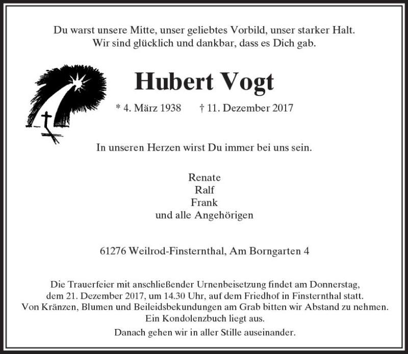  Traueranzeige für Hubert Vogt vom 16.12.2017 aus  Usinger Anzeiger
