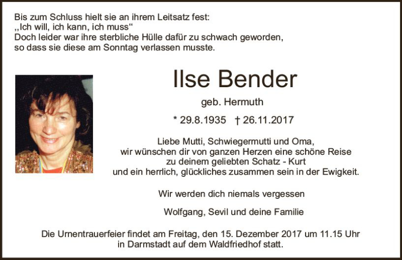  Traueranzeige für Ilse Bender vom 09.12.2017 aus Trauerportal Echo Online