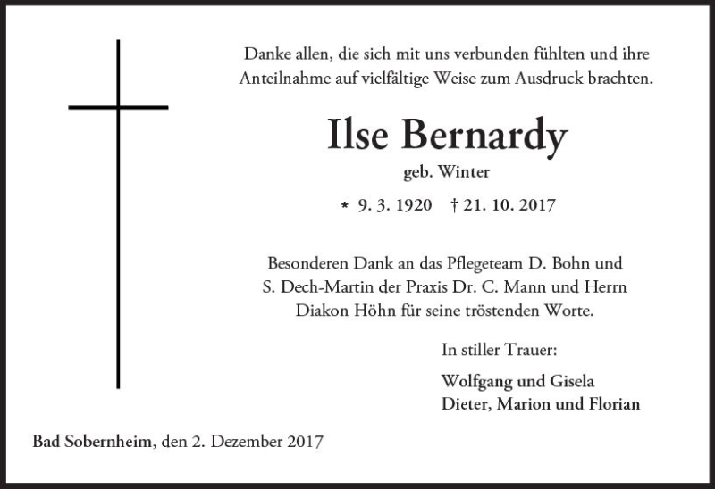  Traueranzeige für Ilse Bernardy vom 02.12.2017 aus Trauerportal Rhein Main Presse
