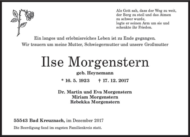  Traueranzeige für Ilse Morgenstern vom 23.12.2017 aus Trauerportal Rhein Main Presse