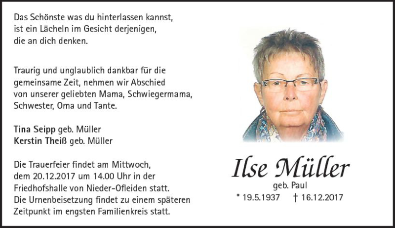  Traueranzeige für Ilse Müller vom 18.12.2017 aus VRM Trauer