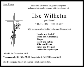 Traueranzeige von Ilse Wilhelm von VRM Trauer