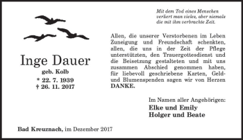 Traueranzeige von Inge Dauer von Trauerportal Rhein Main Presse
