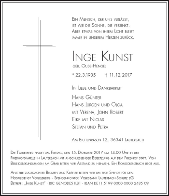 Traueranzeige von Inge Kunst von VRM Trauer