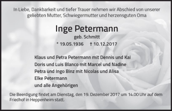Traueranzeige von Inge Petermann von Trauerportal Echo Online