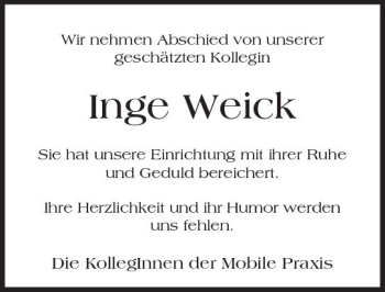 Traueranzeige von Inge Weick von Trauerportal Echo Online