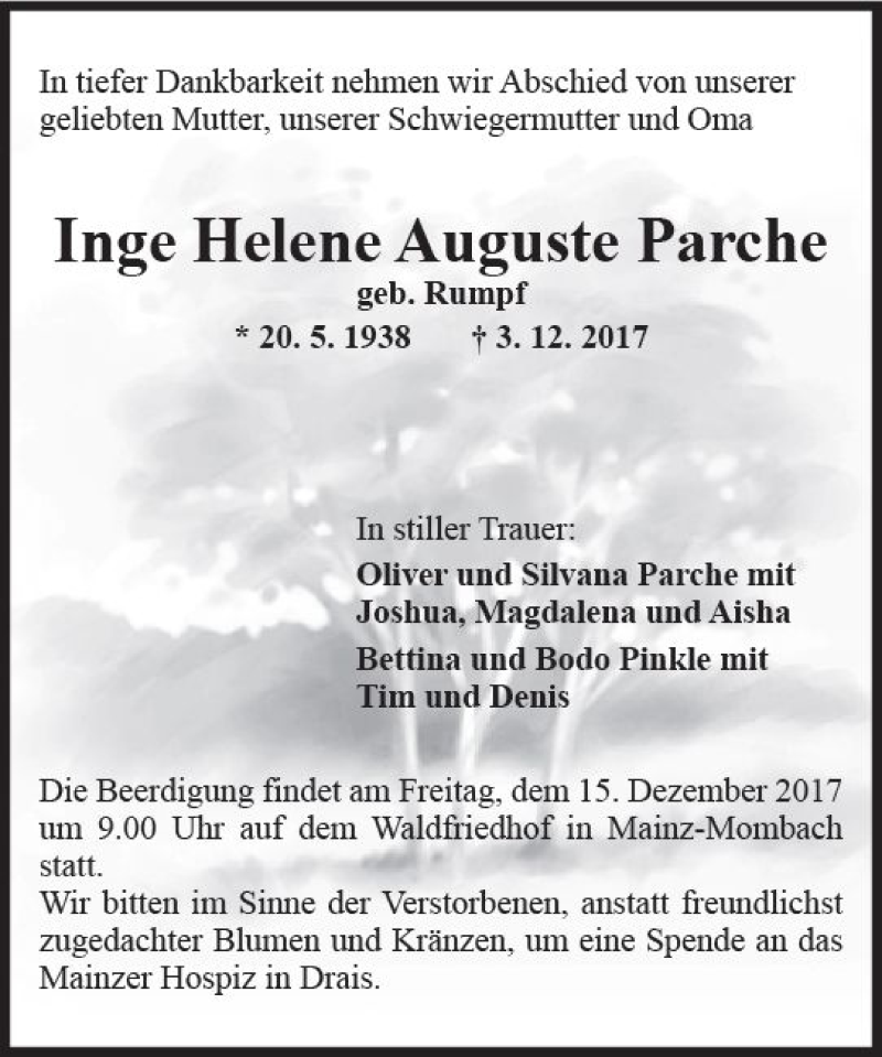  Traueranzeige für Inge Helene Auguste Parche vom 09.12.2017 aus Trauerportal Rhein Main Presse