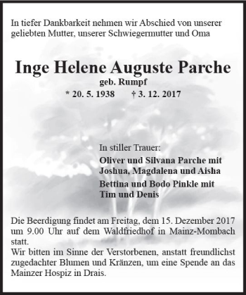 Traueranzeige von Inge Helene Auguste Parche von Trauerportal Rhein Main Presse