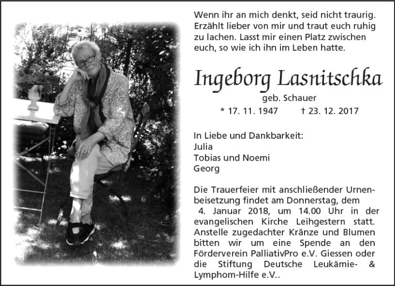  Traueranzeige für Ingeborg Lasnitscaka vom 29.12.2017 aus  Gießener Anzeiger