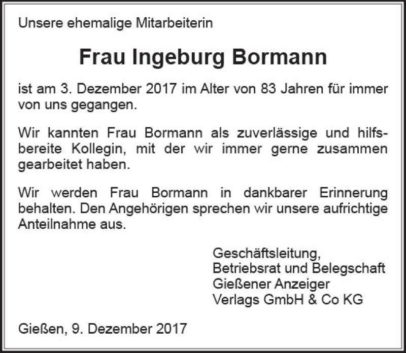  Traueranzeige für Ingeburg Bormann vom 09.12.2017 aus  Gießener Anzeiger