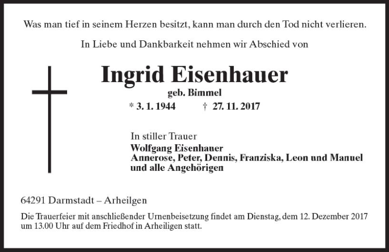  Traueranzeige für Ingrid Eisenhauer vom 09.12.2017 aus Trauerportal Echo Online