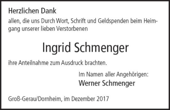 Traueranzeige von Ingrid Schmenger von Trauerportal Echo Online