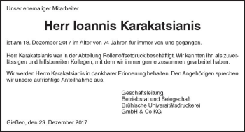 Traueranzeige von Ioannis Karakatsianis von  Gießener Anzeiger