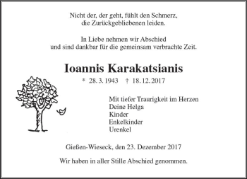 Traueranzeige von Ioannis Karakatsianis von  Gießener Anzeiger