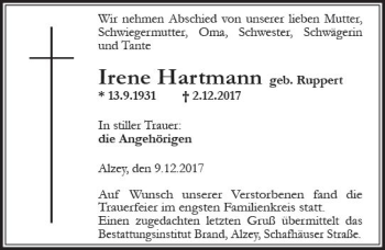 Traueranzeige von Irene Hartmann von Trauerportal Rhein Main Presse