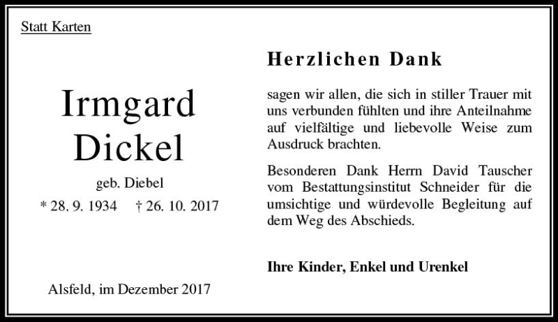  Traueranzeige für Irmgard Dickel vom 02.12.2017 aus VRM Trauer