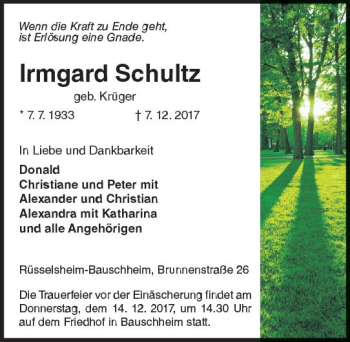 Traueranzeige von Irmgard Schultz von Trauerportal Rhein Main Presse