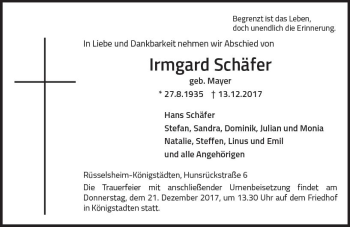 Traueranzeige von Irmgard Schäfer von Trauerportal Rhein Main Presse