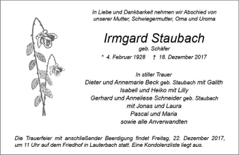 Traueranzeige von Irmgard Staubach von VRM Trauer