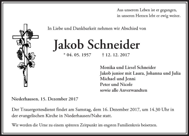  Traueranzeige für Jakob Schneider vom 15.12.2017 aus Trauerportal Rhein Main Presse