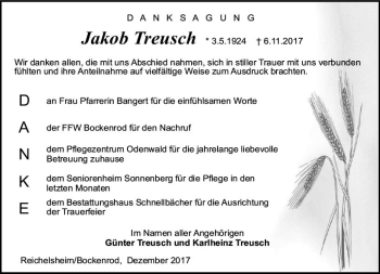 Traueranzeige von Jakob Treusch von Trauerportal Echo Online