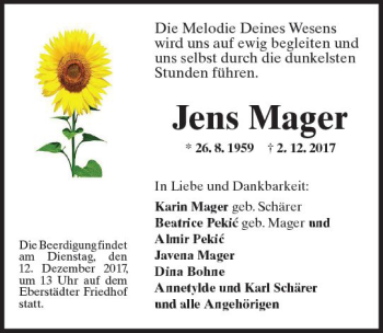 Traueranzeige von Jens Mager von Trauerportal Echo Online