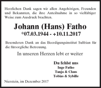 Traueranzeige von Johann Fatho von Trauerportal Rhein Main Presse