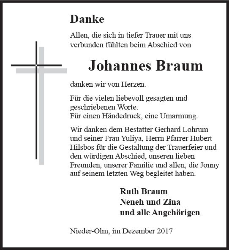  Traueranzeige für Johannes Braum vom 02.12.2017 aus Trauerportal Rhein Main Presse