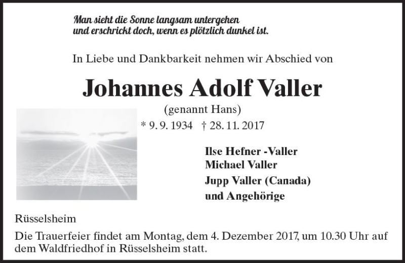  Traueranzeige für Johannes Adolf Valler vom 02.12.2017 aus Trauerportal Rhein Main Presse