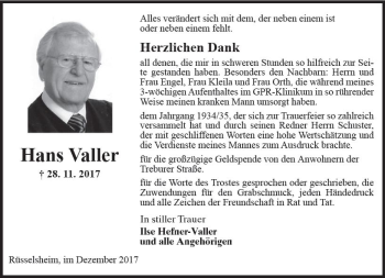 Traueranzeige von Johannes Adolf Valler von Trauerportal Rhein Main Presse