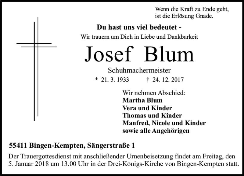  Traueranzeige für Josef Blum vom 30.12.2017 aus Trauerportal Rhein Main Presse