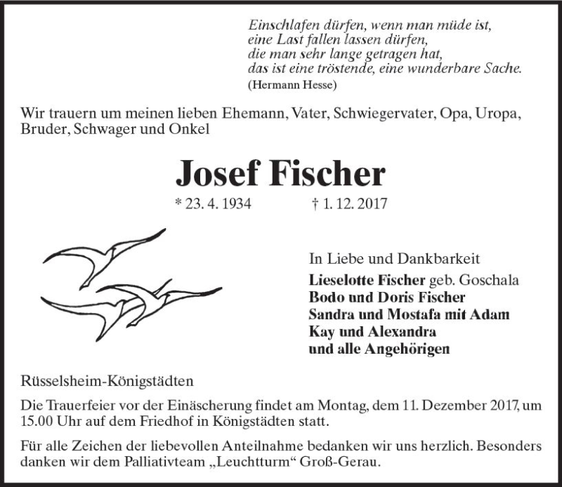  Traueranzeige für Josef Fischer vom 06.12.2017 aus Trauerportal Rhein Main Presse