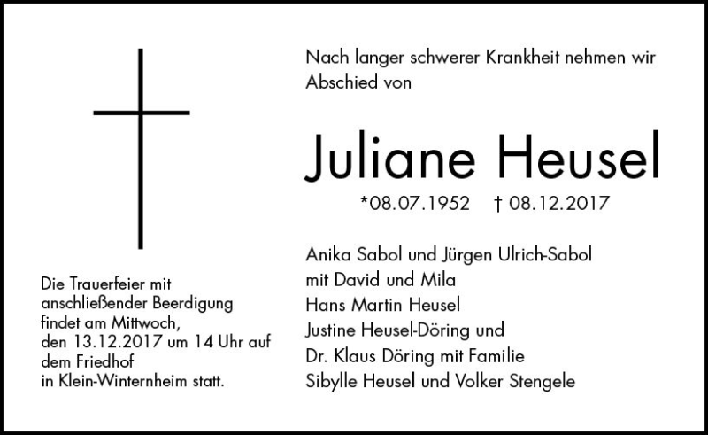  Traueranzeige für Juliane Heusel vom 11.12.2017 aus Trauerportal Rhein Main Presse