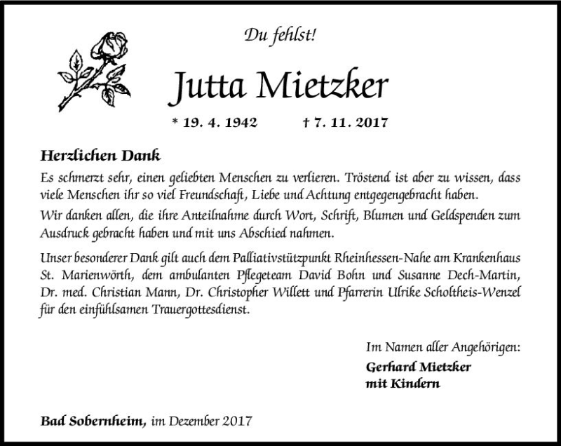  Traueranzeige für Jutta Mietzker vom 02.12.2017 aus Trauerportal Rhein Main Presse