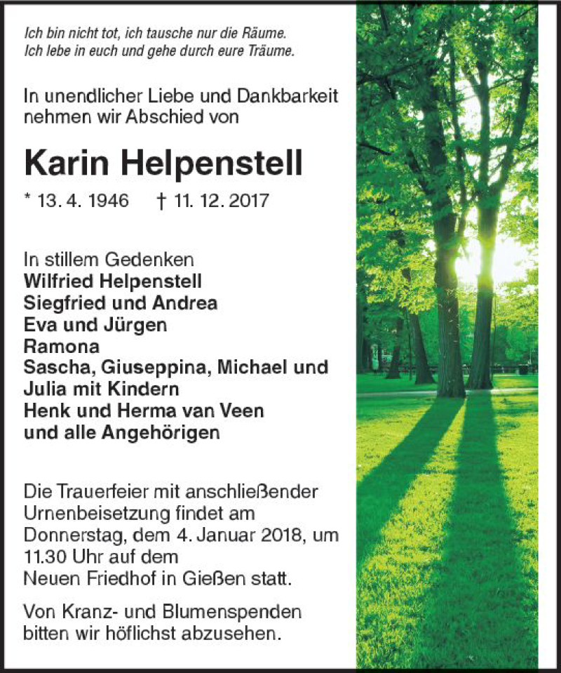  Traueranzeige für Karin Helpenstell vom 20.12.2017 aus  Gießener Anzeiger