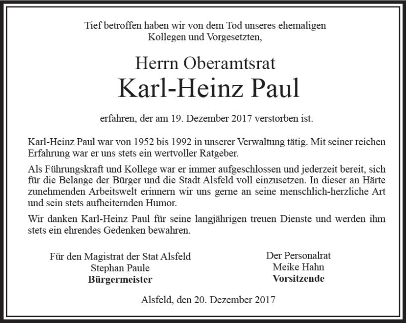  Traueranzeige für Karl-Heinz Paul vom 21.12.2017 aus VRM Trauer