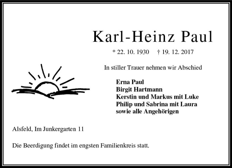  Traueranzeige für Karl-Heinz Paul vom 20.12.2017 aus VRM Trauer
