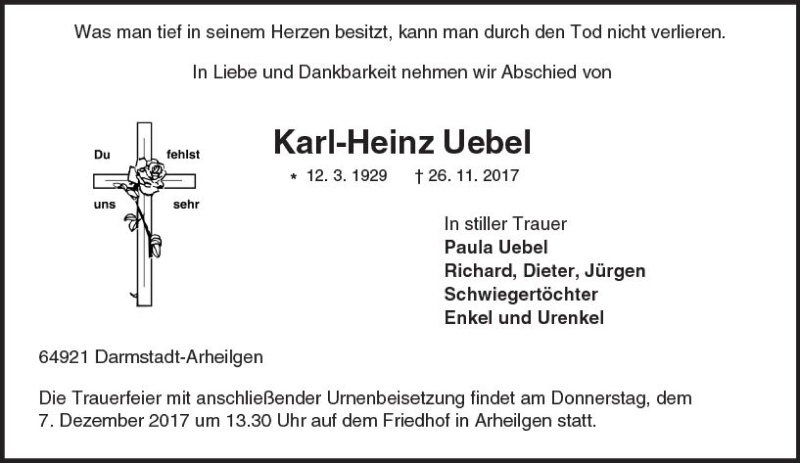 Traueranzeige für Karl-Heinz Uebel vom 06.12.2017 aus Trauerportal Echo Online