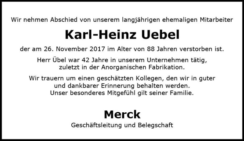  Traueranzeige für Karl-Heinz Uebel vom 08.12.2017 aus Trauerportal Echo Online