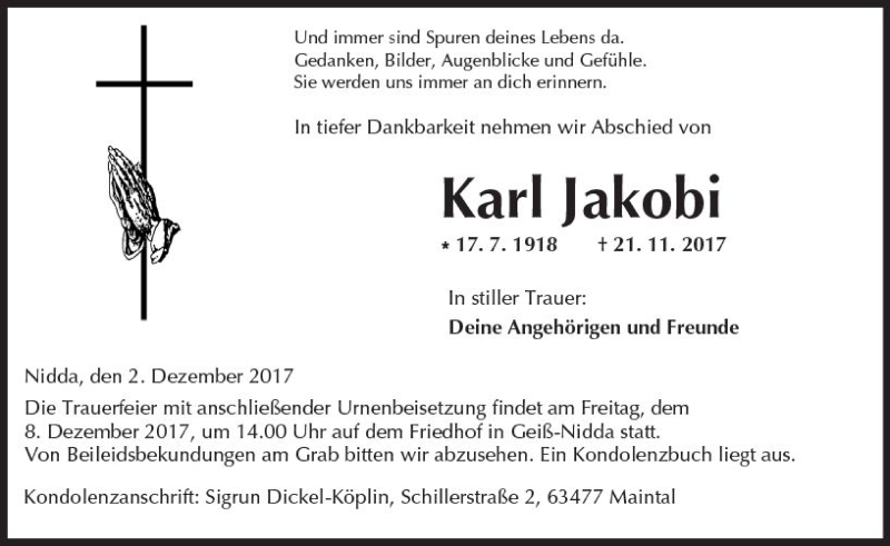  Traueranzeige für Karl Jakobi vom 02.12.2017 aus  Kreisanzeiger