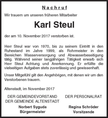 Traueranzeige von Karl Steul von  Kreisanzeiger