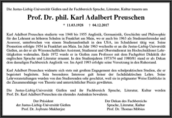 Traueranzeige von Karl Adalbert Preuschen von  Gießener Anzeiger