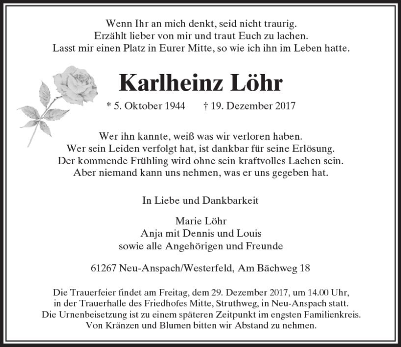  Traueranzeige für Karlheinz Löhr vom 21.12.2017 aus  Usinger Anzeiger