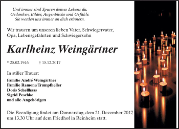 Traueranzeige von Karlheinz Weingärtner von Trauerportal Echo Online