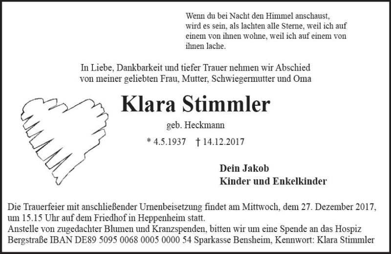  Traueranzeige für Klara Stimmler vom 23.12.2017 aus Trauerportal Echo Online
