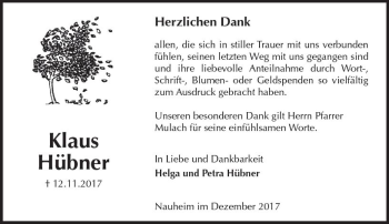 Traueranzeige von Klaus Hübner von Trauerportal Rhein Main Presse