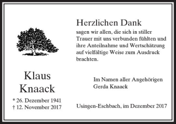 Traueranzeige von Klaus Knaack von  Usinger Anzeiger