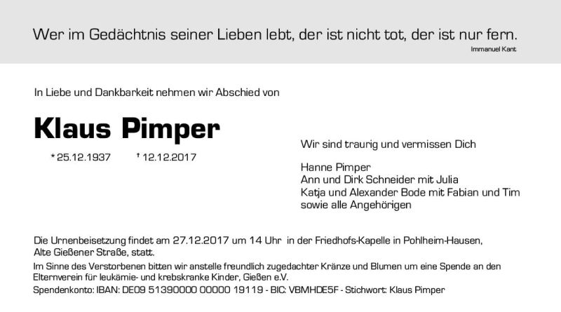  Traueranzeige für Klaus Pimper vom 23.12.2017 aus  Gießener Anzeiger